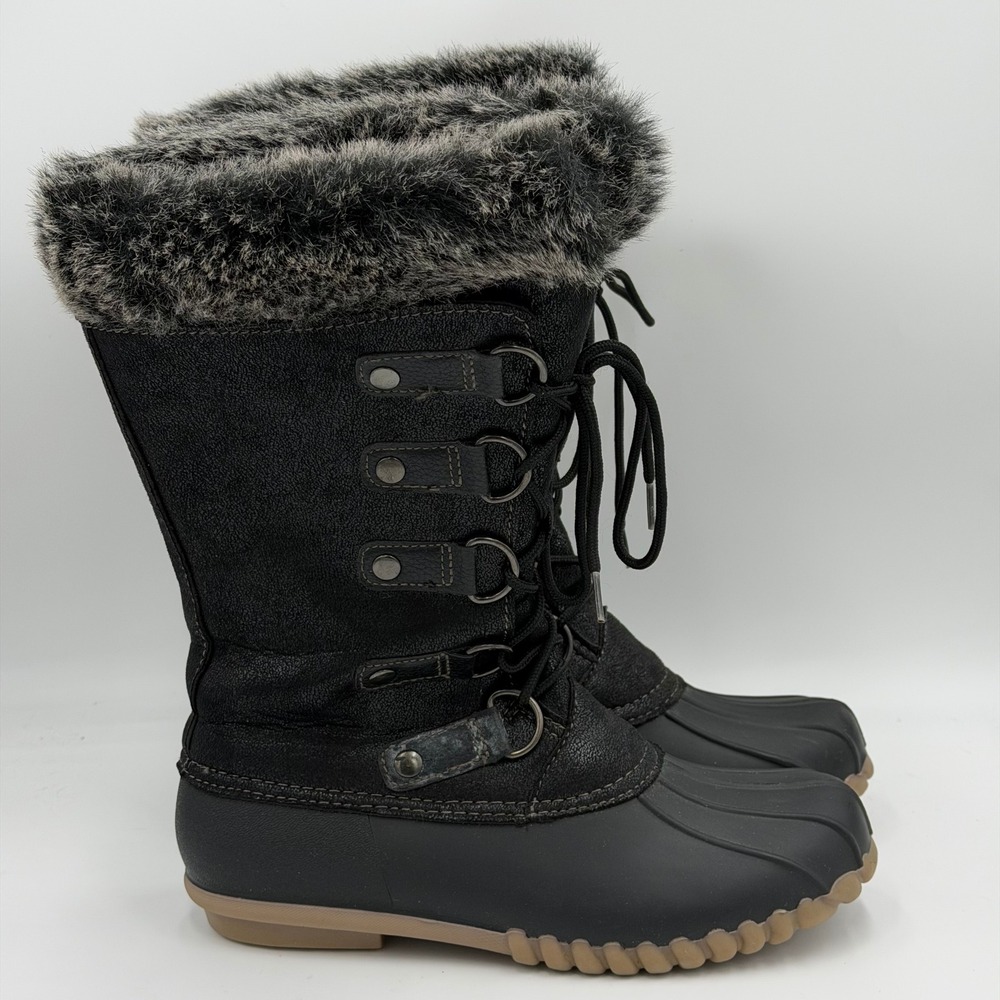 Yuu Fiona Black Faux Fur Trim Lace Up Duck Boots Womens Size 6 M Winter Mid Calf - Picture 2 of 12